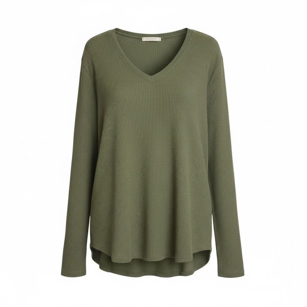 Ribbed Knit V-Neck Stretch Knit Long Sleeve Pullover Sweater Green Size 3XL